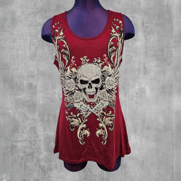 Ego Usa Designs Tops - Ego Usa Designs Burgundy Skull Rhinestone Shredded Lace Back Tank Top Medium U21